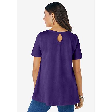 Roaman's Women's Plus Size Swing Ultimate Tee With Keyhole Back