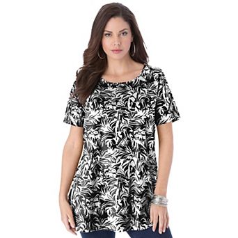 Roaman's Women's Plus Size Plus Size Cotton Ultimate Swing Tee With Keyhole Back