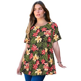 Roaman's Women's Plus Size Ultimate Cotton Crewneck Short Sleeve Swing Tee