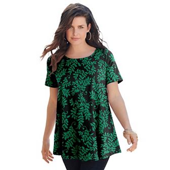 Roaman's Women's Plus Size Plus Size Cotton Ultimate Swing Tee With Keyhole Back