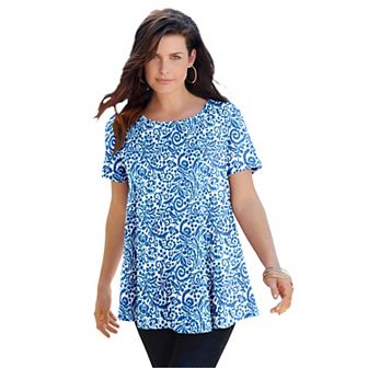 Roaman's Women's Plus Size Plus Size Cotton Ultimate Swing Tee With Keyhole Back