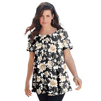 Roaman's Women's Plus Size Plus Size Cotton Ultimate Swing Tee With Keyhole Back