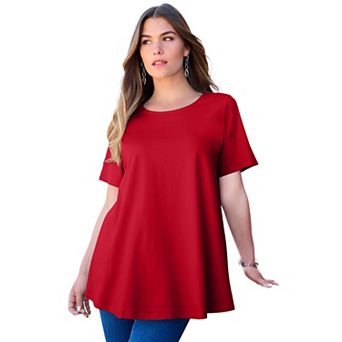 Roaman's Women's Plus Size Plus Size Cotton Ultimate Swing Tee With Keyhole Back