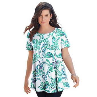 Roaman's Women's Plus Size Plus Size Cotton Ultimate Swing Tee With Keyhole Back