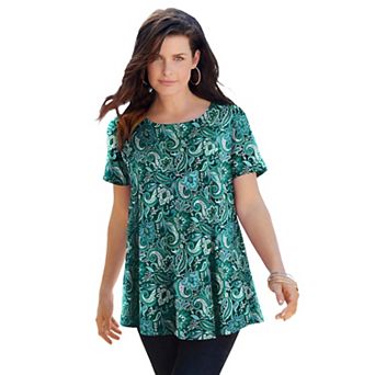 Roaman's Women's Plus Size Cotton Ultimate Swing Tee With Keyhole Back