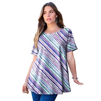 Roaman's Women's Plus Size Plus Size Cotton Ultimate Swing Tee With Keyhole Back