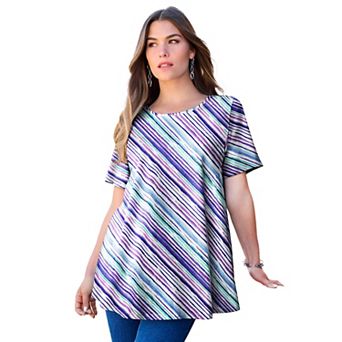 Roaman's Women's Plus Size Cotton Ultimate Swing Tee With Keyhole Back