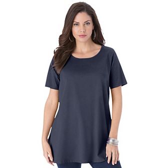 Roaman's Women's Plus Size Plus Size Cotton Ultimate Swing Tee With Keyhole Back
