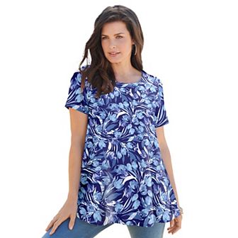 Roaman's Women's Plus Size Plus Size Cotton Ultimate Swing Tee With Keyhole Back
