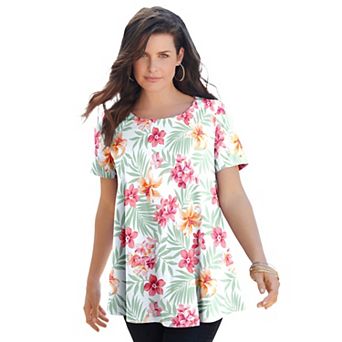 Roaman's Women's Plus Size Plus Size Cotton Ultimate Swing Tee With Keyhole Back