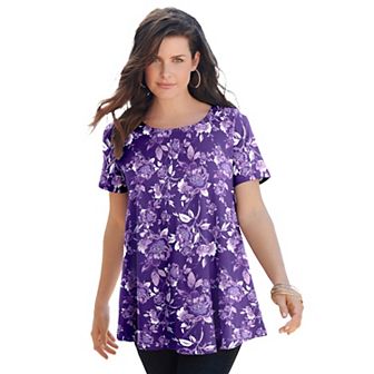 Roaman's Women's Plus Size Plus Size Cotton Ultimate Swing Tee With Keyhole Back
