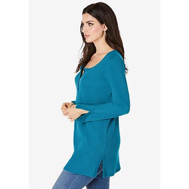 Roaman's Women's Plus Size Knit Thermal Henley Top Long Sleeve