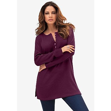 Roaman's Women's Plus Size Knit Thermal Henley Top Long Sleeve