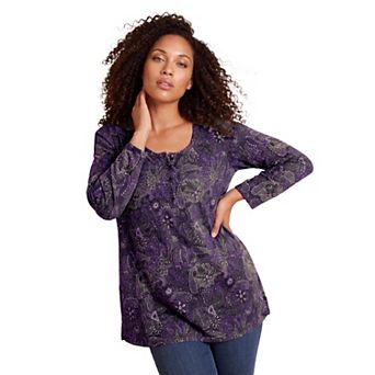 Roaman's Women's Plus Size Knit Thermal Henley Top Long Sleeve