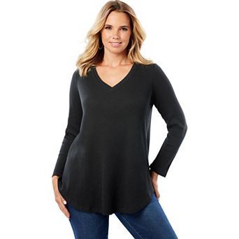 Roaman's Women's Plus Size Knit Thermal V Neck Swing Tunic Long Sleeve