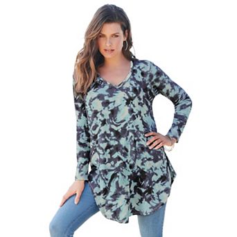 Roaman's Women's Plus Size Knit Thermal V Neck Swing Tunic Long Sleeve
