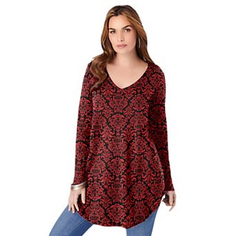 Roaman's Women's Plus Size Knit Thermal V Neck Swing Tunic Long Sleeve