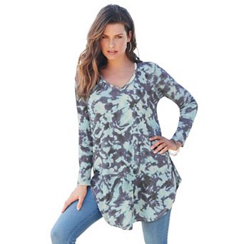 Roaman's Women's Plus Size Knit Thermal V Neck Swing Tunic Long Sleeve