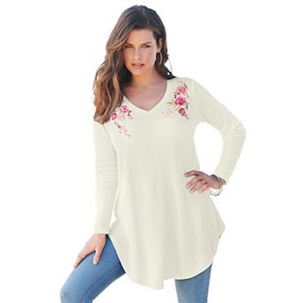 Roaman's Women's Plus Size Knit Thermal V Neck Swing Tunic Long Sleeve