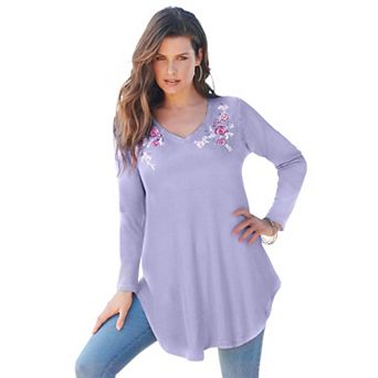 Roaman's Women's Plus Size Knit Thermal V Neck Swing Tunic Long Sleeve