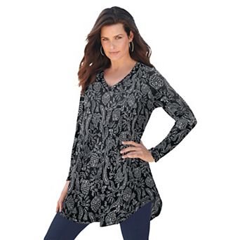 Roaman's Women's Plus Size Knit Thermal V Neck Swing Tunic Long Sleeve