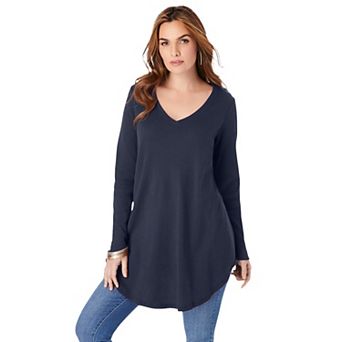Roaman's Women's Plus Size Knit Thermal V Neck Swing Tunic Long Sleeve