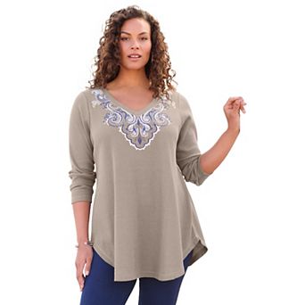 Roaman's Women's Plus Size Knit Thermal V Neck Swing Tunic Long Sleeve