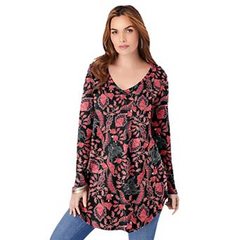 Roaman's Women's Plus Size Knit Thermal V Neck Swing Tunic Long Sleeve
