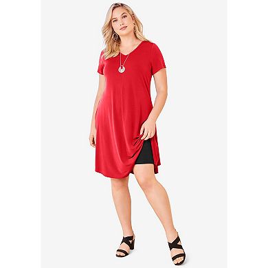 Roaman's Women's Plus Size Petite Plus Size Short Sleeve Sleeve Swing Dress