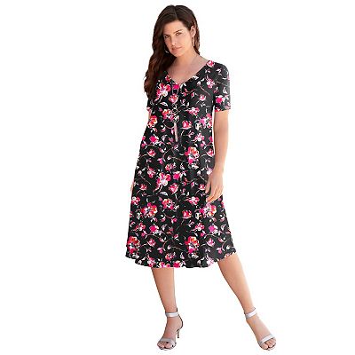 short sleeve swing dress plus size Plus Size Women's Plus Size Short Sleeve Sleeve Swing Dress by Roaman's in Black Sketch Blossoms (Size 26/28) Stretch Jersey Short Sleeve V-Neck