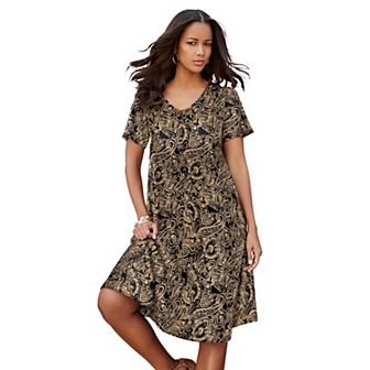 Roaman's Women's Plus Size Petite Ultrasmooth Plus Size V-Neck Swing Dress Soft Knit, Flattering