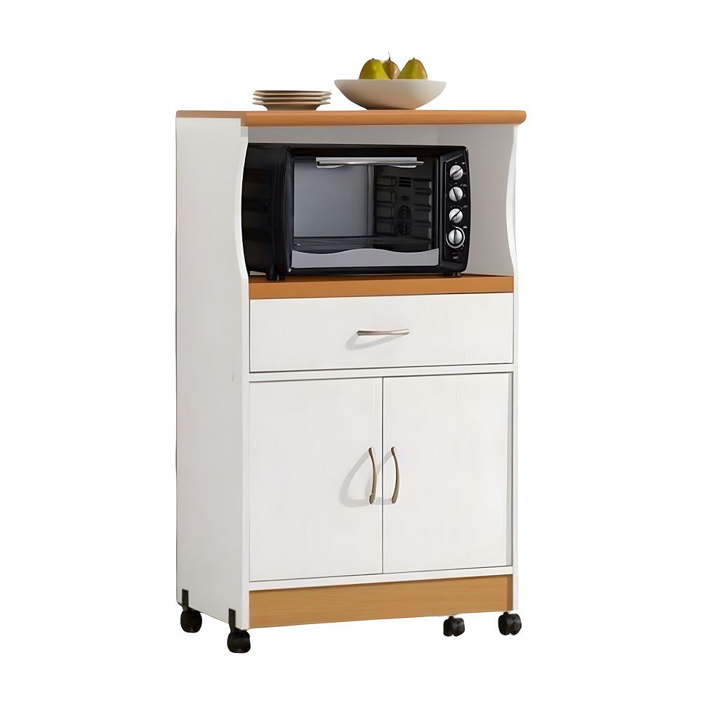 White Rolling Kitchen Cart with Cabinet Space, Drawer, and Open Shelves ...
