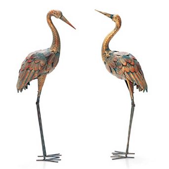 2 pc Crane Garden Statue Set, Metal Outdoor Yard Bird Sculptures for Decor