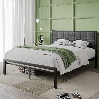 Full Metal Platform Bed Frame With Grey Button Tufted Upholstered Headboard