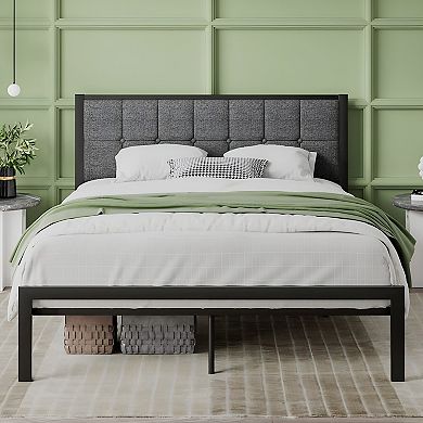 Full Metal Platform Bed Frame With Grey Button Tufted Upholstered Headboard