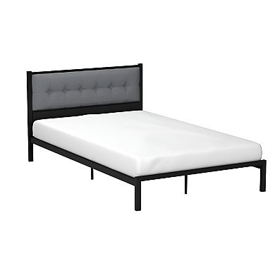 Full Metal Platform Bed Frame With Grey Button Tufted Upholstered Headboard