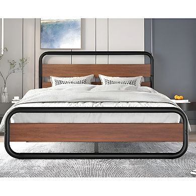 King Size Heavy Duty Industrial Modern Metal Wood Platform Bed Frame With Headboard