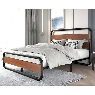 King Size Heavy Duty Industrial Modern Metal Wood Platform Bed Frame With Headboard