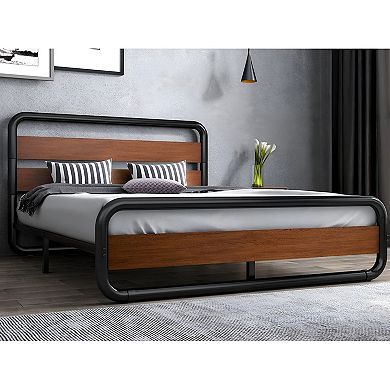 King Size Heavy Duty Industrial Modern Metal Wood Platform Bed Frame With Headboard