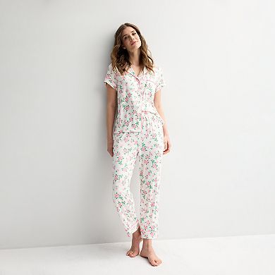 Women's Draper James 2-Piece Printed Cozy Short Sleeve Notch Collar Pajama Top & Pajama Pants Set