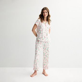 Women's Draper James 2 pc Printed Cozy Short Sleeve Notch Collar Pajama Top & Pajama Pants Set