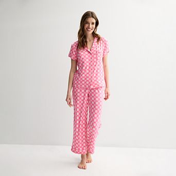 Women's Draper James 2 pc Printed Cozy Short Sleeve Notch Collar Pajama Top & Pajama Pants Set