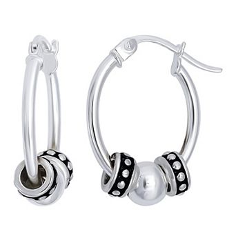 Aleure Precioso Sterling Silver Oxidized Geometric Pattern Round Hoop Earrings