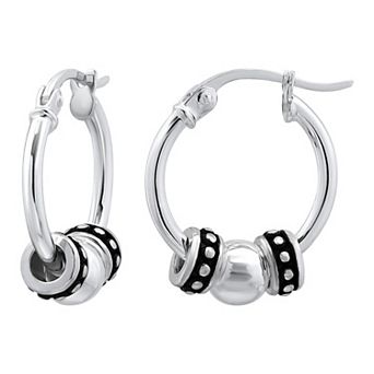 Aleure Precioso Sterling Silver Round Polished & Beaded Click-Top Hoop Earrings