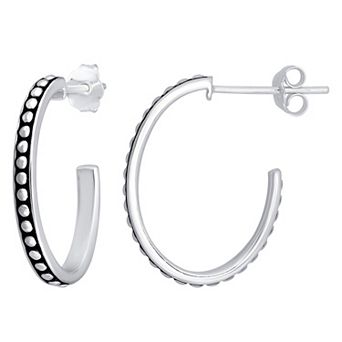 Aleure Precioso Sterling Silver Oxidized Beaded Pattern Oval Hoop Earrings