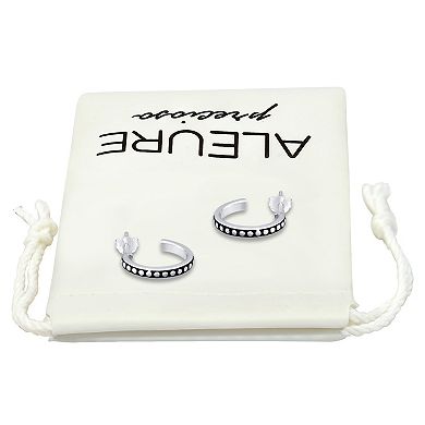 Aleure Precioso Sterling Silver Oxidized Beaded Pattern Oval Hoop Earrings