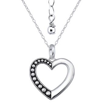 Aleure Precioso Sterling Silver 1/2 Beaded & 1/2 Polished Open Heart Pendant Necklace