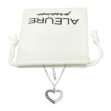 Aleure Precioso Sterling Silver 1/2 Beaded & 1/2 Polished Open Heart Pendant Necklace