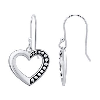 Aleure Precioso Sterling Silver 1/2 Beaded & 1/2 Polished Open Heart Fishhook Drop Earrings