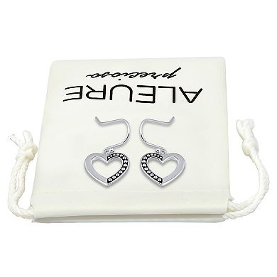 Aleure Precioso Sterling Silver 1/2 Beaded & 1/2 Polished Open Heart Fishhook Drop Earrings